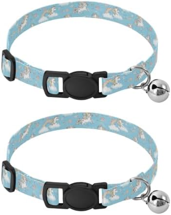 2 Pack Kitten Collars Cute Unicorns Blue Puppy Collar with Bell, Adjustable Length 10.6" to 17.1"