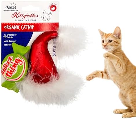 Huxley & Kent Plush Cat Toy - Holiday Interactive Catnip Toy for Cats & Kittens - Soft with Crinkle & Catnip - Fun Indoor Play - Santa Hat & Sweet Thing Candy 2pk