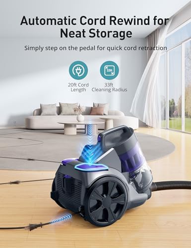 Aspiron 1700W Canister Vacuum Cleaner, 45Kpa Bagless Vacuum Cleaner | Multi-Cyclonic Filtration, 2 Anti-Allergen HEPA Filters, 3.5QT Dust Cup, No Hair Tangles for Hard Floor, Pet Hair, Violet
