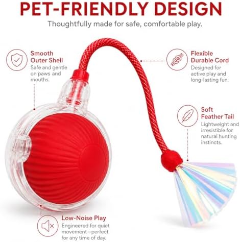 Interactive Cat Toy Ball with LED Lights, USB-C Rechargeable Automatic Cat Toy with Feather Tail, Smart Exercise Toy for Indoor Cats & Kittens, Upgraded Version