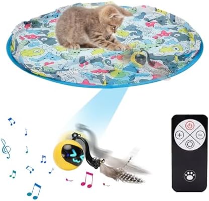 Interactive Remote Control Cat Toy with Sound & Light Locator, Hidden Rolling Ball Under Playmat, Bird Chirp & LED, Touch-Activated, USB Rechargeable Indoor Hunting Toy Blue+Yellow