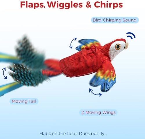 Interactive Bird Cat Toy for Indoor Cats, Flapping Wings and Moving Tail, Auto Chirping Cat Toy, Touch Activated Rechargeable Self Play Cat Kicker Toy, with 5 Bird Covers and Catnip Pouches