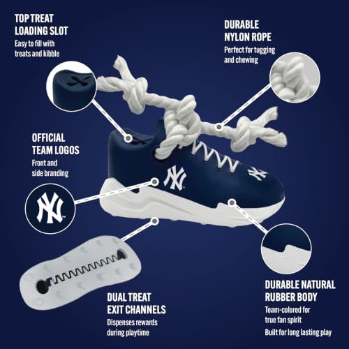 MLB New York Yankees Cleat Sneaker Spike Dog Toy, Baseball Treat Dispenser Chew Toy for Dogs, Interactive Rope Tug Toy, Slow Feeder Natural Rubber Dog Toy with Official Team Logo