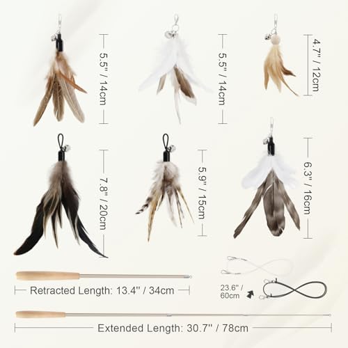 SONGWAY Interactive Cat Feather Toys - Cat Wand Toy Set with Retractable Teaser Wand and 6 PCS Natural Feather Refills, Da Bird Cat Toys for Indoor Cats Kittens