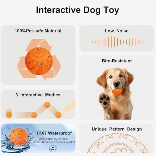 Moving Dog Toy, Interactive, Bouncing and Rotating, Silent Foam Material, IP54 Waterproof Rating, Smart Active Rolling, Stimulation Toys for Medium and to Keep Them Busy