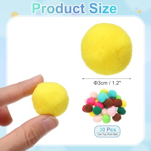 Cat Toy Pom Ball, Interactive Cat Ball Toys Fuzzy Pompoms (Plush, 1.2Inch, 30Pcs, Mixed Colors) for Kittens Pet Enrichment Training Play Indoor