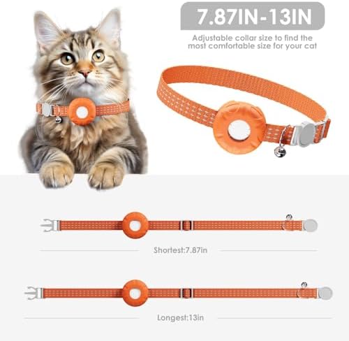 GPS Tracker for Cats, Cat Tracker Collar with Safety Elastic Buckle, Compatible with Apple Find My App (Only iOS), No Monthly Fee, Waterproof (White Tracker, Orange Cat Collar)