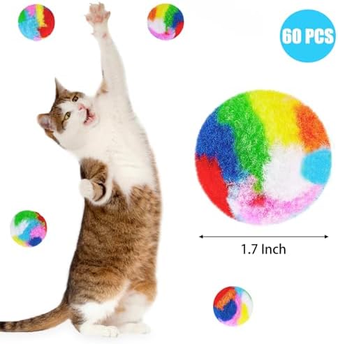 Nicunom 60 PCS Cat Pom Pom Balls, 1.7Inch Rainbow Cat Toy Balls, Soft Plush Cat Ball Fuzzy Kitty Balls Colorful Kitten Puff Ball for Pet Kitten Interactive Playing Exercising Chasing
