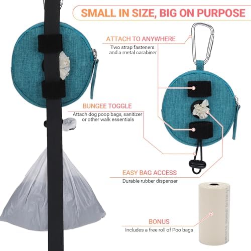 Dog Poop Bag Holder for Leashes- Dog Treat Pouch with Waterproof Zipper,Puppy Training Small Bag with Carabiner & Bungee Toggle,Two Pockets for Dry or Wet Treats-Pet Travel Walking Essentials (Green)