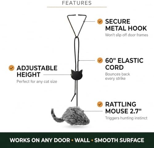 Hanging Door Cat Toy – Self-Play Feather Mouse for Indoor Cats – No Batteries Needed, Mounts on Any Door Frame – Stimulates Hunting Instinct, Extended Pack