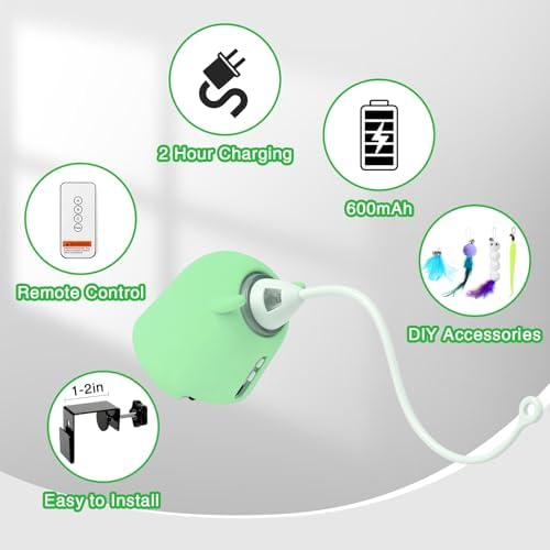 Cat Toys Interactive for Indoor Cats, Rechargeable Toy Hanging Door Electric with 4pcs Feathers Toys for Bored Kittens (Green)