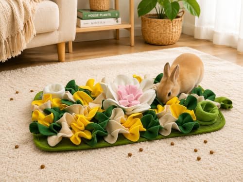 Rabbit Busy Snuffle Mat,Hamsters Foraging Mat for Small Animals Bunny Puzzle Toys Pets Interactive Feeding Mat for Guinea Pigs Hedgehog Chinchilla Puppies (White)