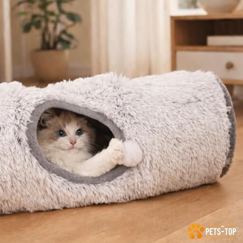 Cat Tunnels for Indoor Cats – Cat Crinkle Tunnel – Collapsible Long Plush– Cat Tube Cute Cozy Pet Play for Hours of Fun (47" / Pearl Gray)