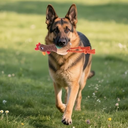 Chicken Dog Toy with Sound, Rope Legs for Small Medium Dogs, Colorful Rooster Toy for Tug and Play (Brown)
