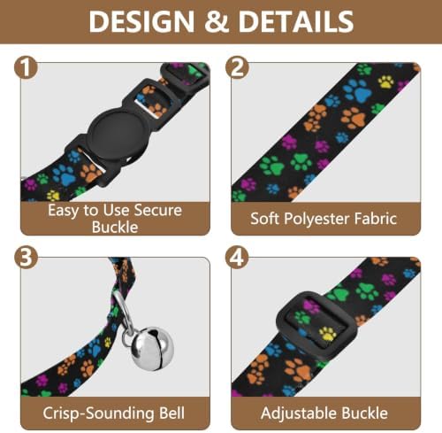 2 Pack Pet Collars Colorful Dog Paw Prints Breakaway Cat Collars with Bell, Adjustable 10.6 to 17.1 Inches
