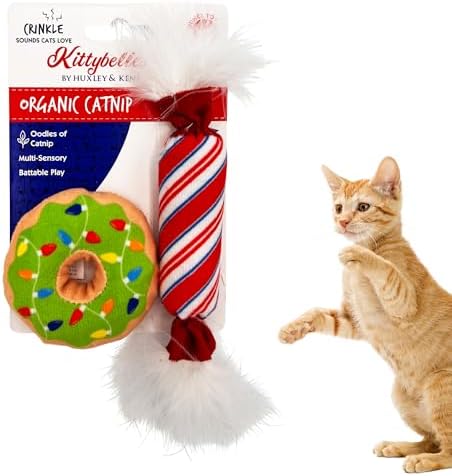 Huxley & Kent Plush Cat Toy - Holiday Interactive Catnip Toy for Cats & Kittens - Soft with Crinkle & Catnip - Fun Indoor Play - Lit Donut & Peppermint Candy 2pk