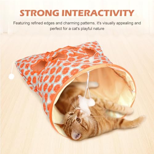 SYCOOVEN Cat Tunnel Bag for Indoor Cats, Pet Collapsible Tunnel Crinkle Sack Bag with 1 Little Mouse & Toy Ball, Crinkle Paper Interactive Cat Toys Hide and Seek(Orange Pattern)