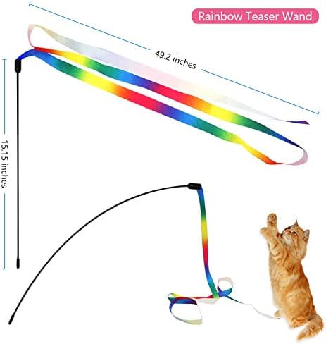 12PCS Interactive Kitten Toys, Retractable Indoor Cat Wand Toys with Replacement Teaser, Rainbow Ribbon and Make Exercise by Sunshinetop