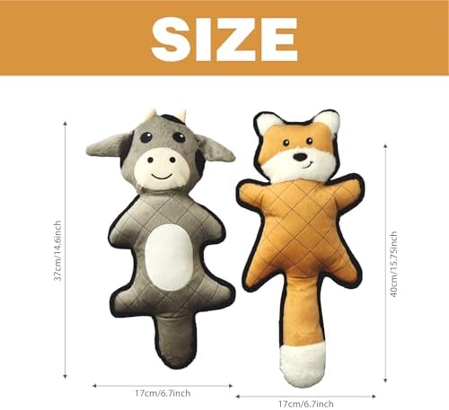 PetLike Tough & Durable Plush Dog Toy Set - 2 Pack - Interactive Animal Chew Toys for Puppies & Dogs, Perfect for Teething, Fetch & Cuddly Playtime (Grey Cow+Orange Fox)
