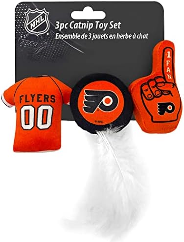 BEST PLUSH NHL PHILADELPHIA FLYERS Cat Toys Set of 3 filled with Fresh Catnip. Includes: Jersey, Hockey Puck with Feathers & #1 Fan. Team Logo