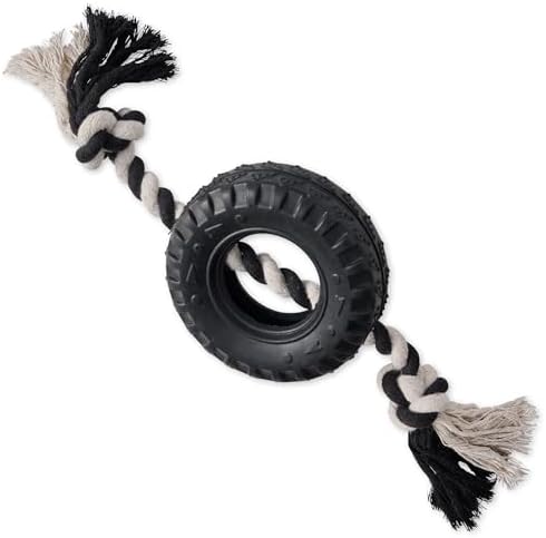 Pet Passion Natural Rubber Tire and Organic Cotton Rope Pull and Chew Dog Toy for All Pet Breeds, Black, Small