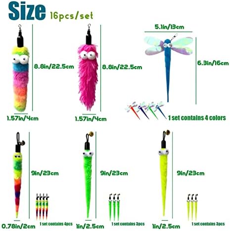 AcceLeah 16Pcs Cat Wand Refills, Worm Dragonfly Attachments for Indoor Cats