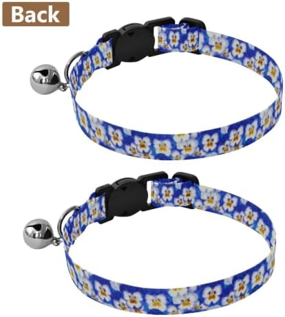2 Pack Pet Collar Blue White Pansy Flowers Cat Collar Breakaway with Bell, Adjustable Length 10.6" to 17.1"