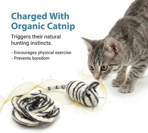 Glaciart One Felt Mouse Cat Toy – Soft Fuzzy Enrichment 100% Natural Wool - Interactive Catnip Play Cat Toy Set - Safe for Pets, Non-AZO Colored Dyes - 100” Long