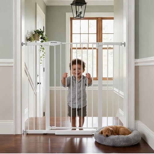 Mumeasy 36" Extra Tall Baby Gate for Stairs, 29.7-48" Wide Dog Gate for Doorways, Walk Thru Pet Safety Gate for Indoor, Pressure Mounted with Auto Close, Easy Install No Drill for Toddlers, White