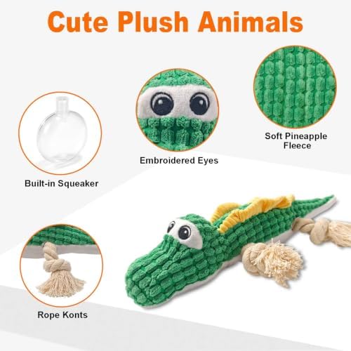 Green Crocodile Chew Plush Dog Toy, 14.2 in, Squeaker and Rope