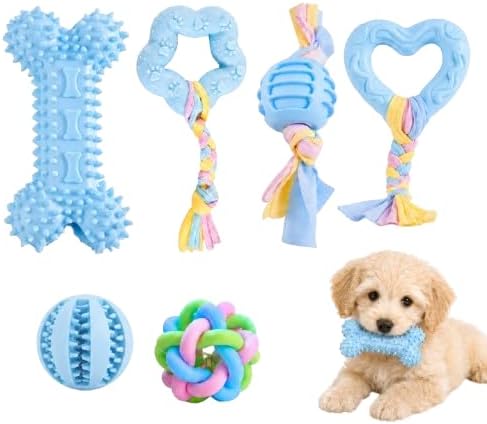 Puppy Chew Toys, 6 Pack Puppy Teething Toys for Small Breed, Soft Rubber Cute Blue Dog Toys, Eco-Friendly, Teeth Cleaning Interactive Tiny Puppy Toys for Small Dog (Basket not Included)