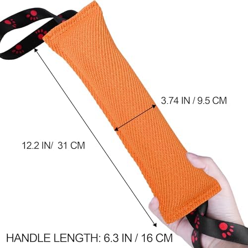 ToLanbbt Dog Tug Toy Bite Jute Pillow Pull Toy with 2 Strong Handles Perfect for Tug of War, Puppy Interactive Play, Tear Resistant Bite Training for Small Medium Large Dogs (Bright Orange-Footprint)