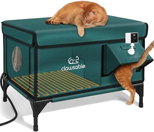 Indestructible Heated Cat House with Pet Camera for Outside Winter, 100% Waterproof, Escape Door, Insulated Outdoor Cat Shelter with Heater for Feral Barn Cat Kitty (Forest Green, 26"x16"x18")