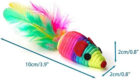 CHIWAVA 24PCS 5" Rattle Cat Toys Mice with Feathers Rainbow Rope Mouse