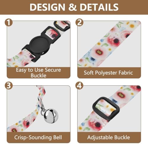 2 Pack Cat Collars Watercolor Flowers Small Dog Collar with Bell, Adjustable Length 10.6" to 17.1"