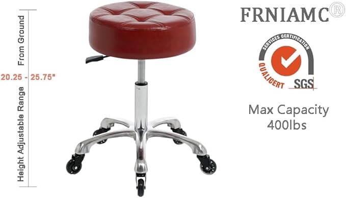 Rolling Salon Stool with Wider Round Seat- Height Adjustable Heavy-Duty Chair with Wheels for Salon Esthetician and Home Office Use, Cinnamon Red, Ivory