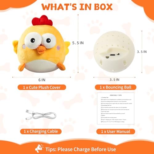 Interactive Dog Toy Ball, Upgrade Automatic 1.5H Jumping Ball with Motion Activation for Small Large Dogs, 2 in 1 Rechargeable Move Plush Toy Pets Keep Busy, No Music (Yellow Chicken)