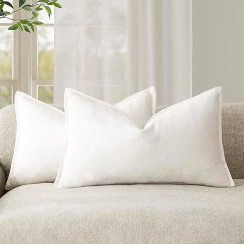 Foindtower Pack of 2, Decorative Linen Solid Throw Pillow Covers Soft Accent Lumbar Cushion Case Boho Farmhouse Neutral Pillowcase for Couch Sofa Bed Living Room Home Decor 12 x 20 Inch Cream White