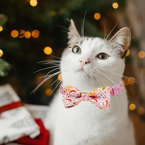 Christmas Cat Collar 2-Pack - Cute Santa & Cookies Holiday Collars with Removable Bow Tie & Bell, Adjustable Breakaway Safety Buckle for Kitties Kittens (Pink & Blue)