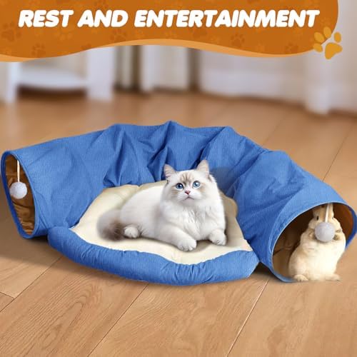 Spardar 2-in-1 Bunny Tunnel Bed, with Removable Mat Hideout, Blue