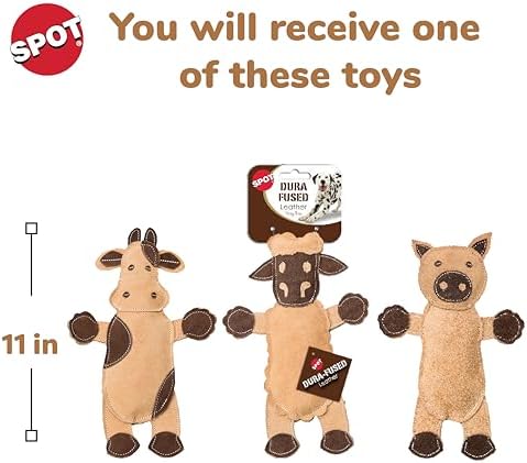 SPOT Dura-Fused Leather Barnyard Animals - Stuffed Dog Toy with Squeaker, Real Leather & Jute Fabric, for Light to Moderate Chewers, Great for Adult Dogs and Puppies - 11in, Assorted Styles, 1 Piece