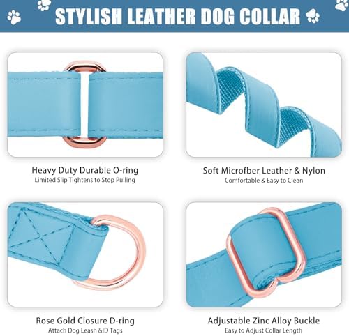 Soft Leather Martingale Dog Collar - Adjustable Rose Gold Limited Slip Collars [Easy to Clean], Stylish Durable Heavy Duty Nylon No Pull Training Collar for Small Medium Large Dogs XS Light Blue