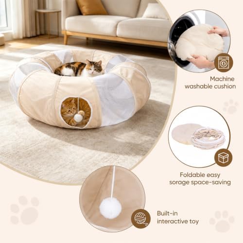 Ownpets 2 in 1 Collapsible Cat Tunnel for Indoor Cats with Cushion Bed