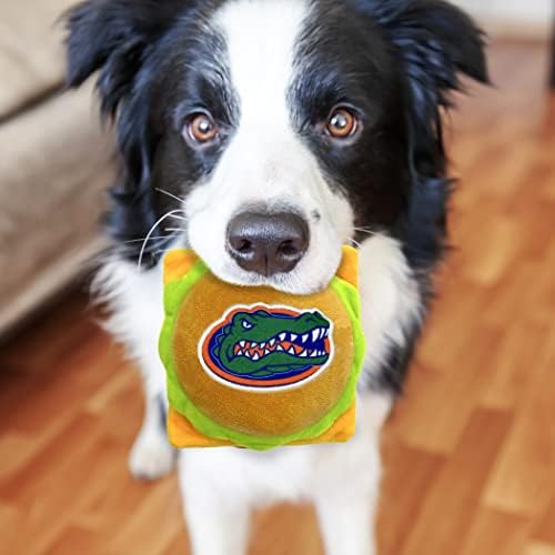 Pets First NCAA Florida Gators Cheese Burger Plush Dog & CAT Squeak Toy - Cutest Stadium HAMBERGER Snack Plush Toy for Dogs & Cats with Inner Squeaker & Beautiful Football/Basketball Team Name/Logo