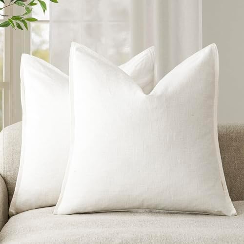 Foindtower Pack of 2, Decorative Linen Solid Throw Pillow Covers Soft Accent Cushion Case Boho Farmhouse Neutral Pillowcase for Chair Couch Sofa Bedroom Living Room Home Decor 18 x 18 Inch Cream White