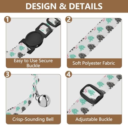 2 Pack Small Dog Collar Cute Elephant Love Mint Breakaway Cat Collars with Bell, Adjustable Length 10.6" to 17.1"