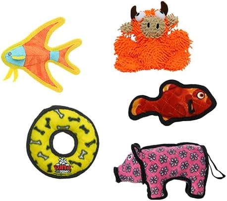 TUFFY® 5 Pack Jr Pig, Fish, Ring, Bull and Angel Fish Plush Dog Toys