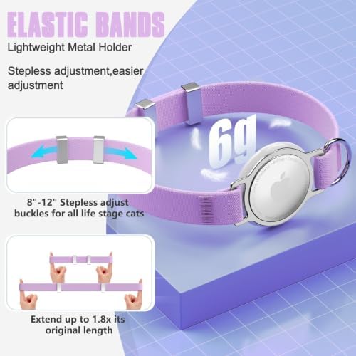 AirTag Cat Collar, Elastic Tracker Collar with Airtag Holder and Bell | Compatible with Apple Air Tag, Lightweight & Scratch Resistant, Adjustable Stepless GPS Pet Collar for Cats Kittens, Purple