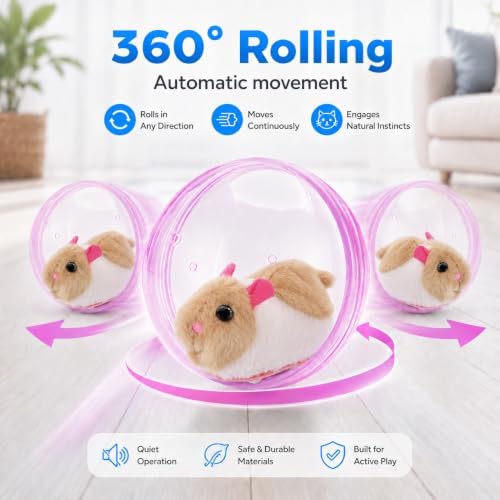 Self Rolling Interactive Cat Ball, Automatic Moving Cat Toy with Plush Animal Inside, 360° Rolling Cat Chasing Ball with Transparent Ball for Cats Dogs Small Pets (Pink,White/Brown Mouse)