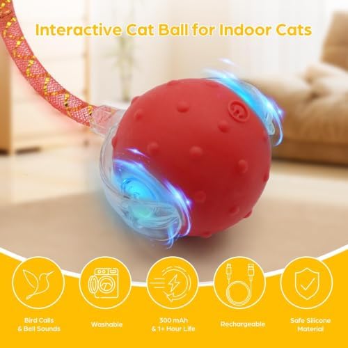 Interactive Cat Toy Ball,2 pcs 3 Speed Modes Automatic Moving Cat Toy Balls,Automatic Rolling Rechargeable Cat Toy for Indoor Cats Bored Adult & Kittens-Red and Blue
